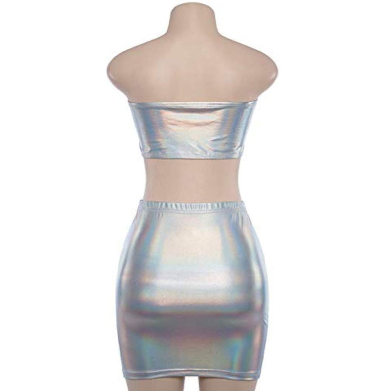 Fenyong Women's Metallic Shiny Off Shoulder Crop Top + Silver Skirt Two Piece Rave Outfits Set - Image 3